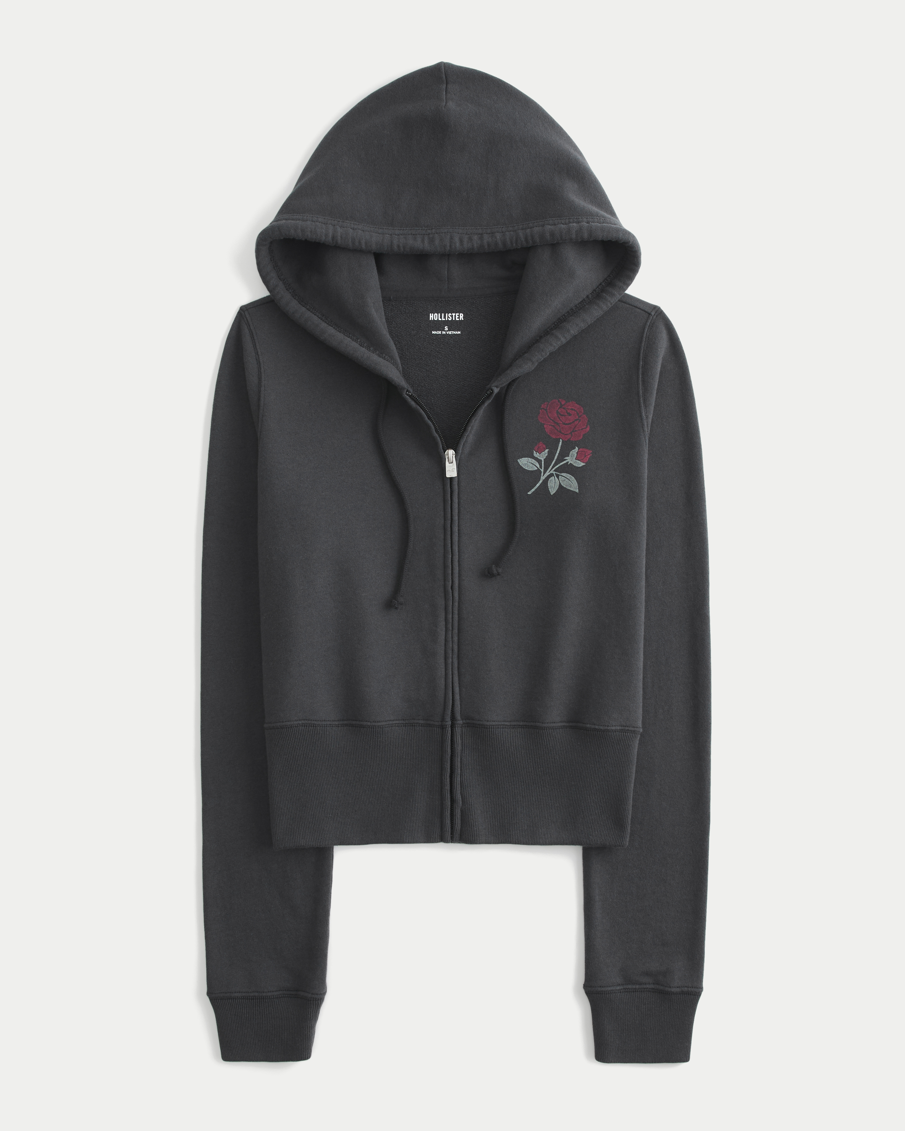 Terry Zip-Up Rose Graphic Hoodie