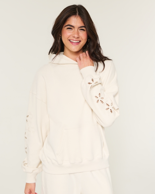 Hollister Feel Good Easiest Embroidered Floral Cutout Hoodie, Beige view 1