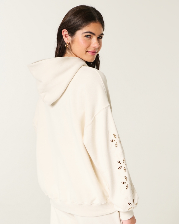 Hollister Feel Good Easiest Embroidered Floral Cutout Hoodie, Beige view 2