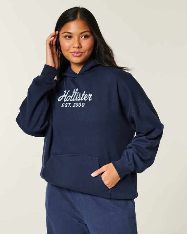 Hollister Feel Good Oversized Logo Graphic Hoodie, Navy view 2