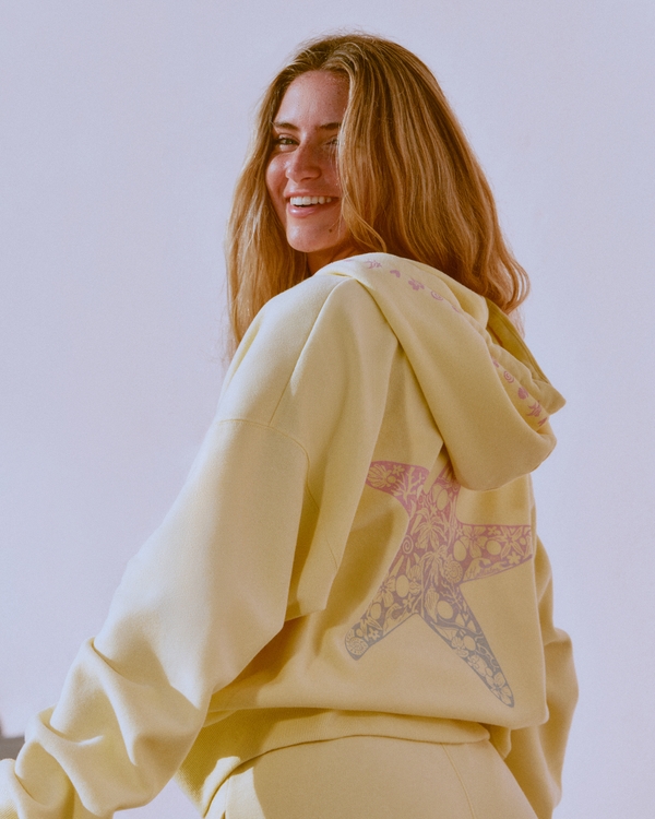 Hollister Feel Good Easy Beachy Graphic Zip-Up Hoodie, Butter Yellow view 1
