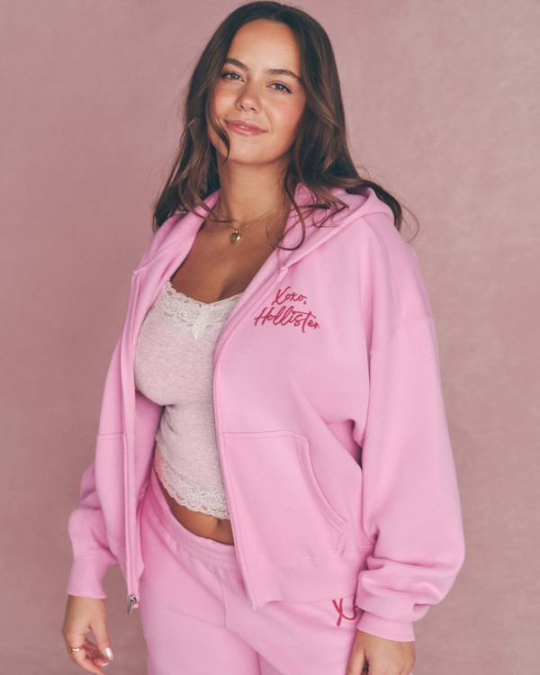 Hollister Feel Good Easy Zip-Up Xoxo Graphic Hoodie, Pink view 1