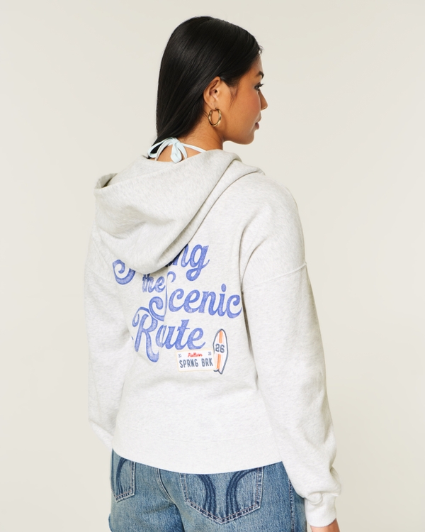 Hollister Feel Good Spring Break Graphic Zip-Up Hoodie, Light Heather Grey view 2