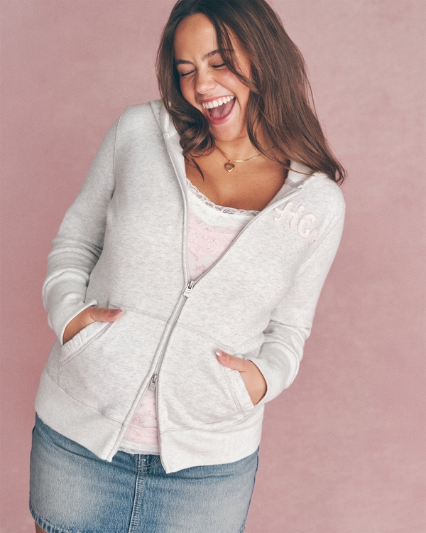 Hollister Feel Good Waffle Lined Hood Zip-Up Logo Graphic Hoodie, Light Heather Grey view 1