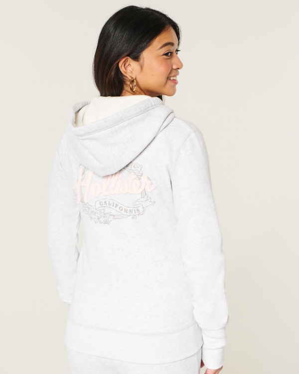 Hollister Feel Good Waffle Lined Hood Zip-Up Logo Graphic Hoodie, Light Heather Grey view 2