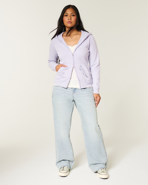Hollister Feel Good Embroidered Zip-Up Hoodie, Pastel Purple view 2