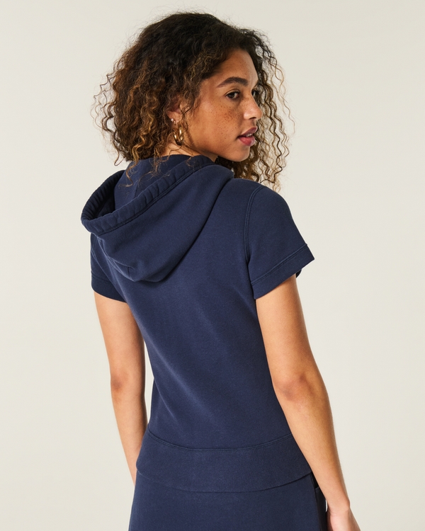 Hollister Feel Good Short-Sleeve Logo Graphic Hoodie, Navy view 2