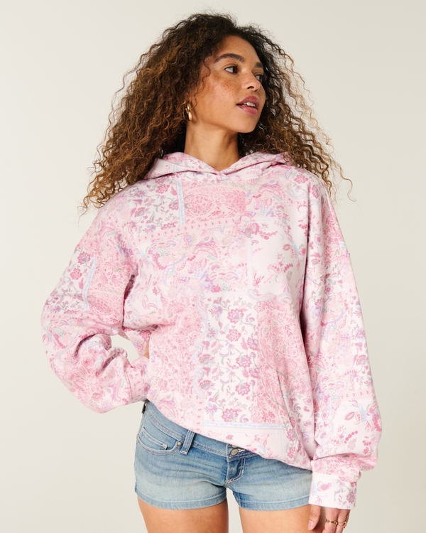 Hollister Feel Good Oversized Floral Pattern Hoodie, Light Pink Pattern view 1