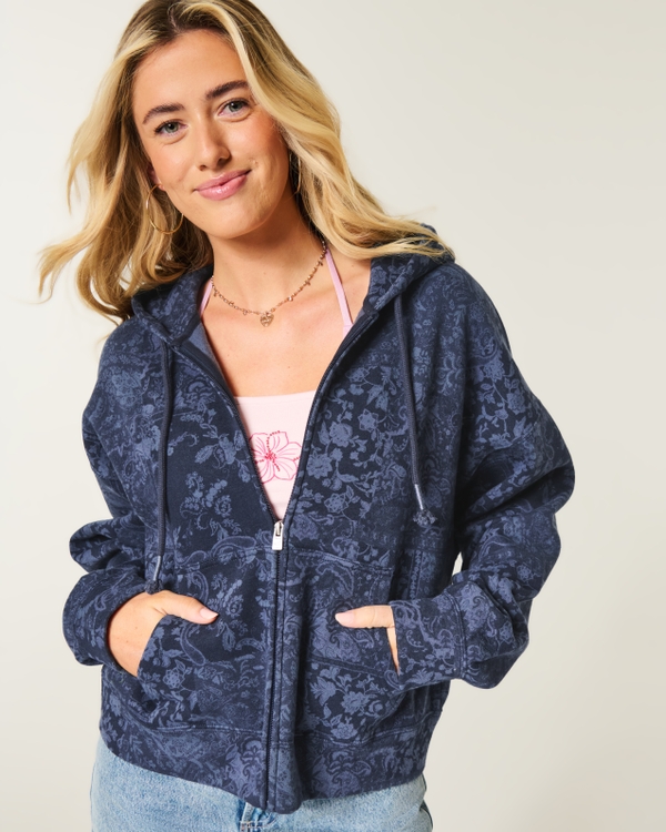 Hollister Feel Good Easy Pattern Zip-Up Hoodie, Navy Blue Print view 1