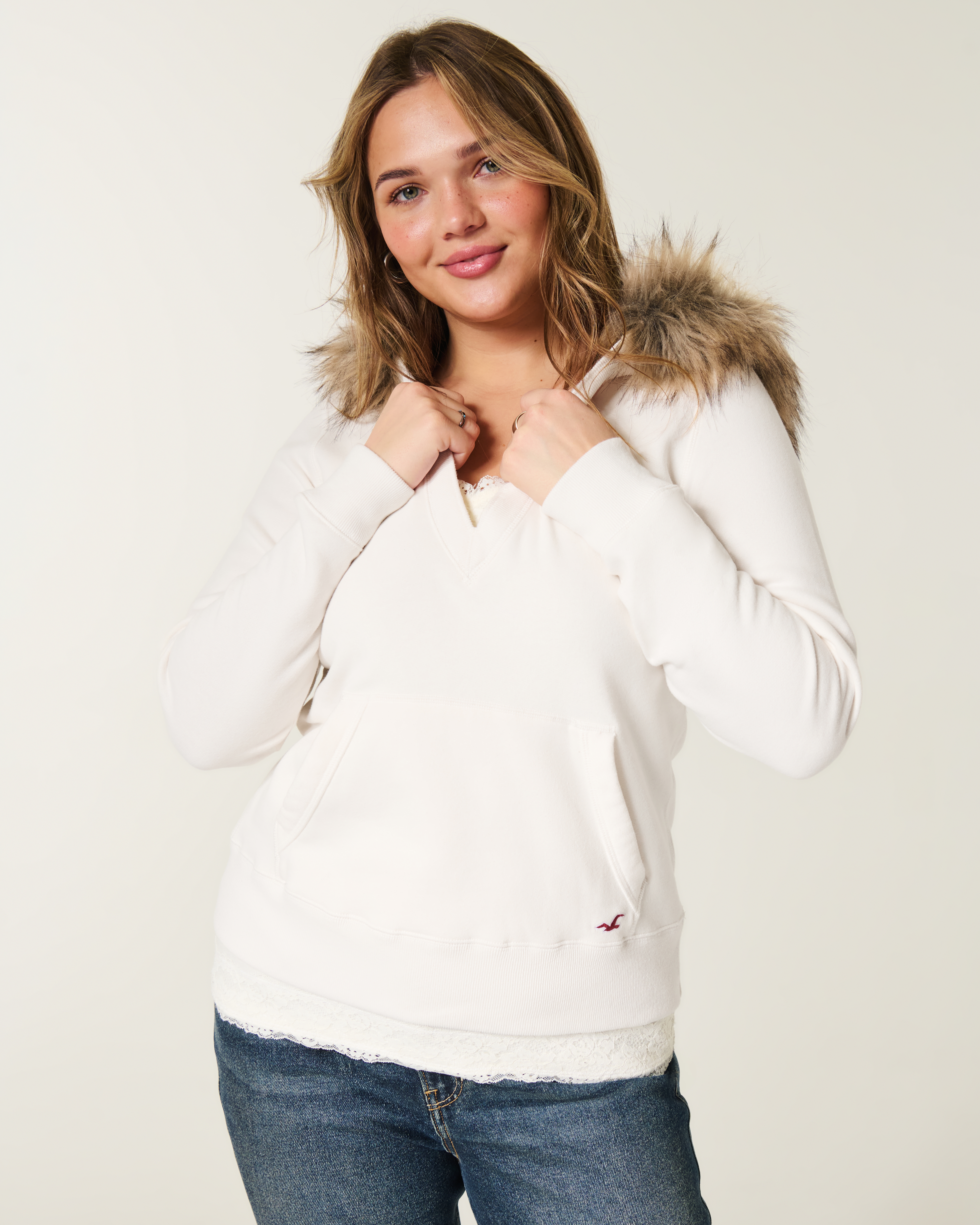 Hollister Feel Good Faux Fur Trim V-Neck Hoodie
