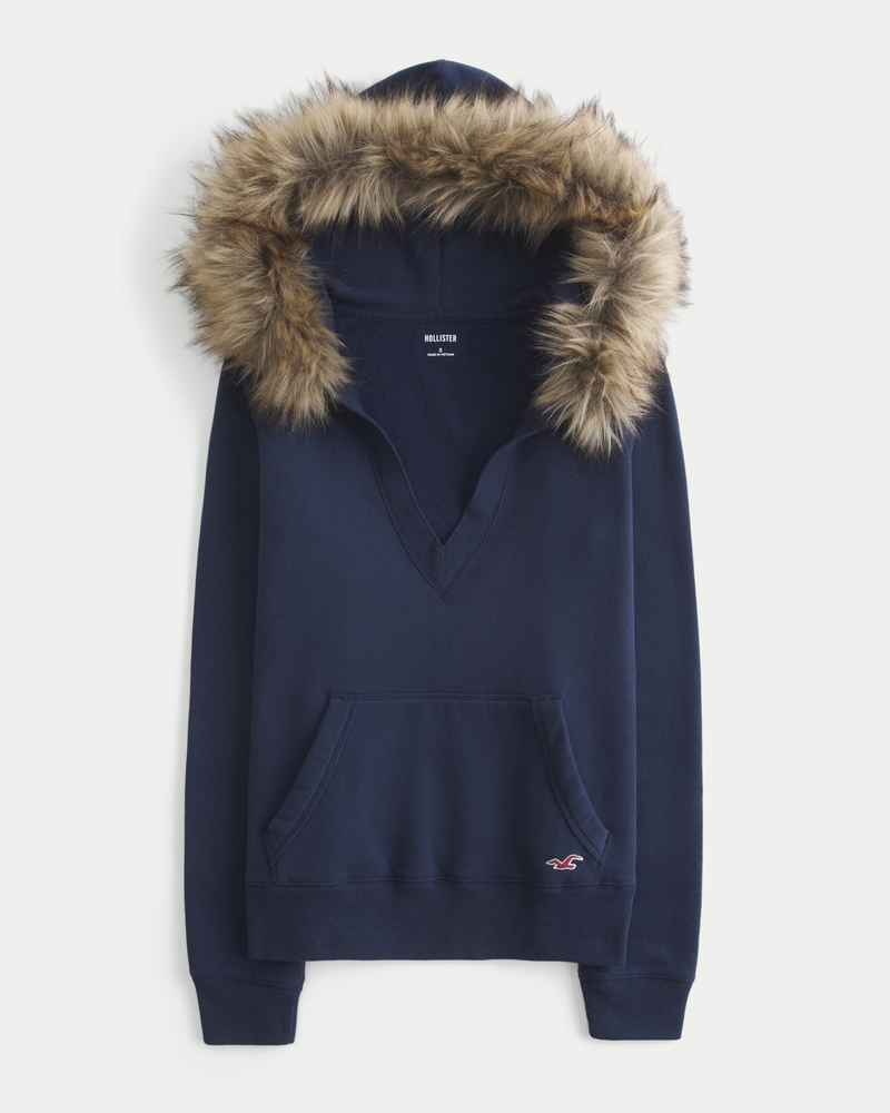 Hollister ファーフードジップアップパーカー ネイビー S Women's Hollister Feel Good V-Neck Hoodie | Women's Clearance