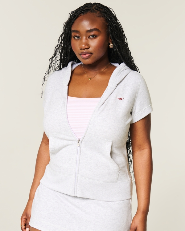 Hollister Feel Good Short-Sleeve Zip-Up Hoodie, Light Heather Grey view 1