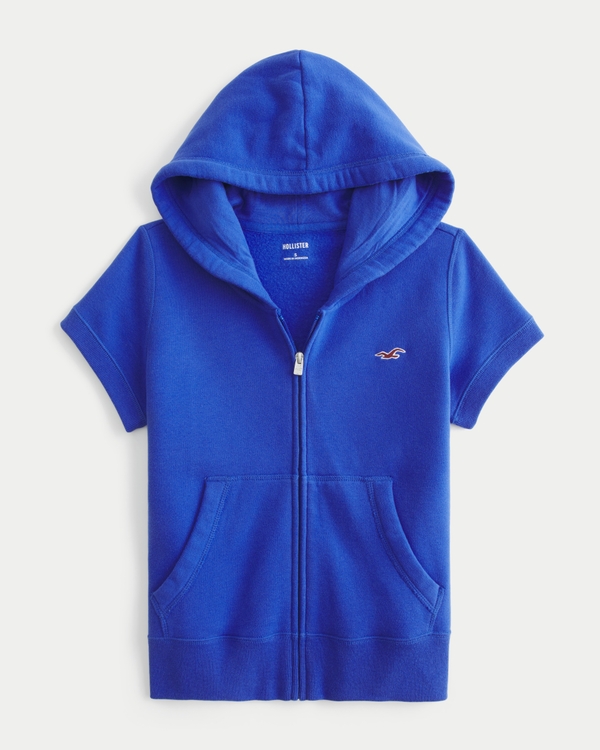 Hollister Feel Good Short-Sleeve Zip-Up Hoodie, Cobalt view 1
