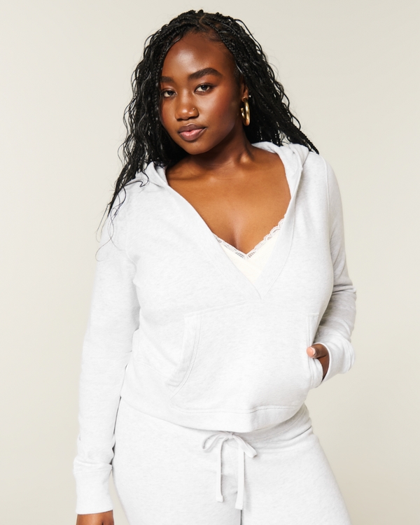 Easy V-Neck Hoodie, Light Heather Grey view 1