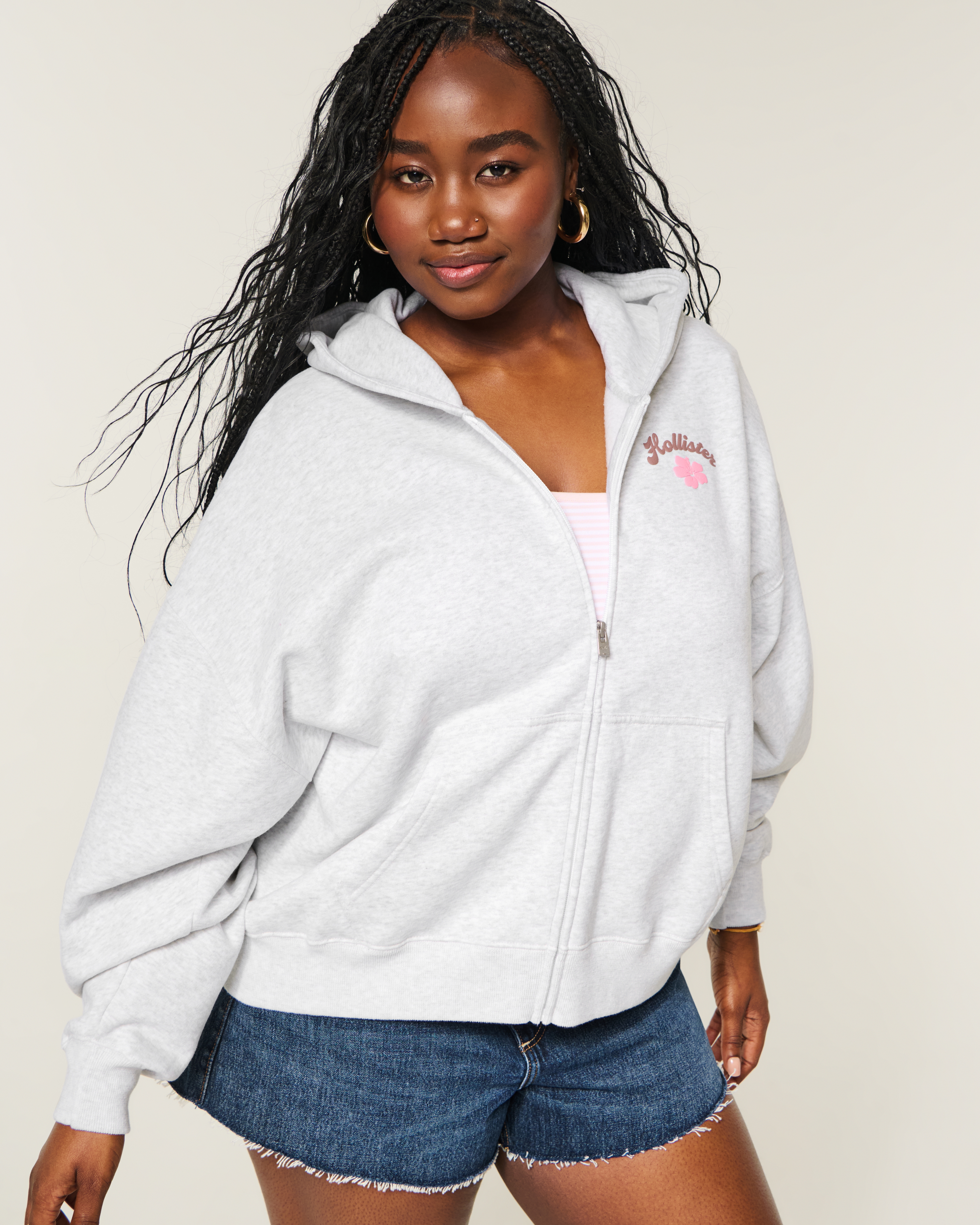 Hollister Feel Good Easy Zip-Up Logo Graphic Hoodie