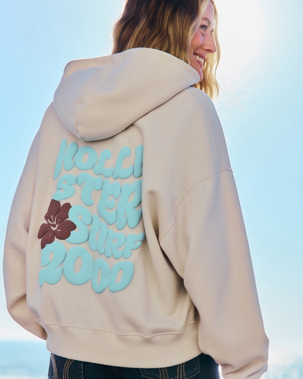 Hollister Feel Good Easy Zip-Up Logo Graphic Hoodie, Cream view 1