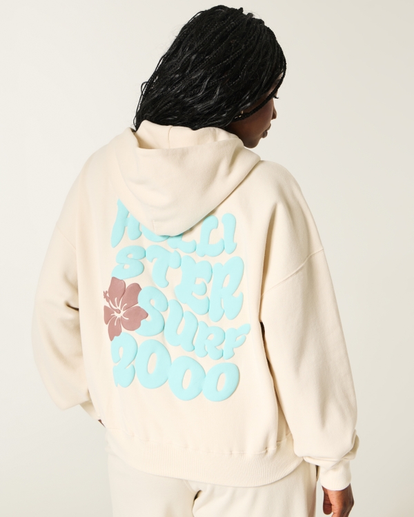 Hollister Feel Good Easy Zip-Up Logo Graphic Hoodie, Cream view 1