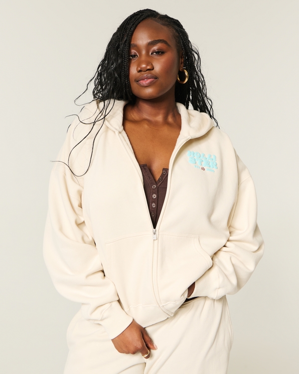 Hollister Feel Good Easy Zip-Up Logo Graphic Hoodie, Cream view 2