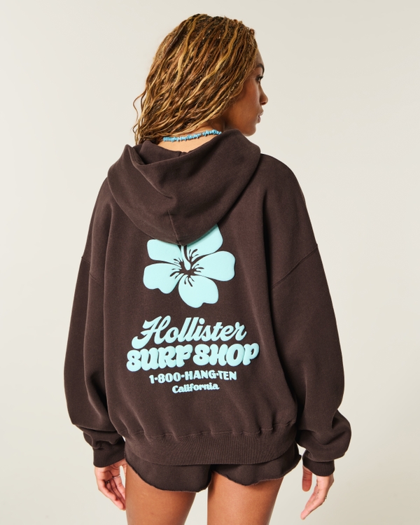 Hollister Feel Good Easy Zip-Up Logo Graphic Hoodie, Brown view 1
