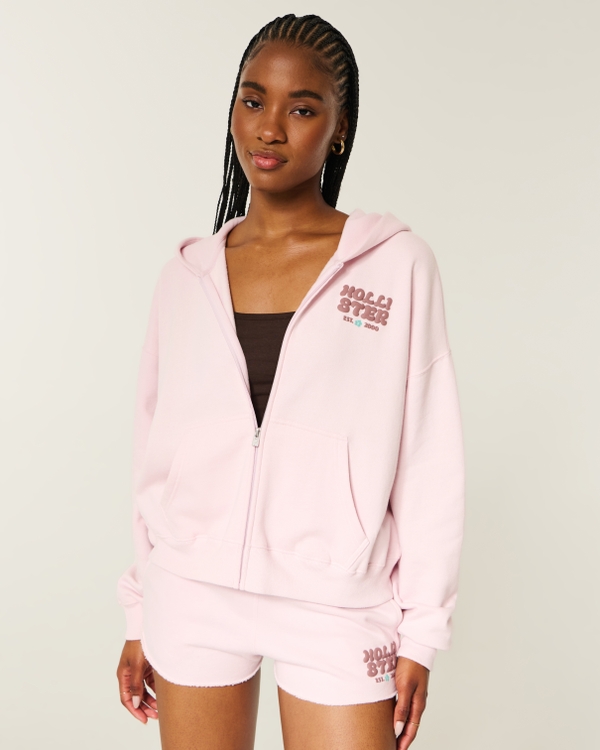 Hollister Feel Good Easy Zip-Up Logo Graphic Hoodie, Light Pink view 2