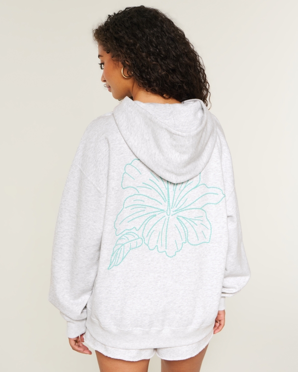 Hollister Feel Good Oversized Hibiscus Graphic Hoodie, Light Heather Gray view 1