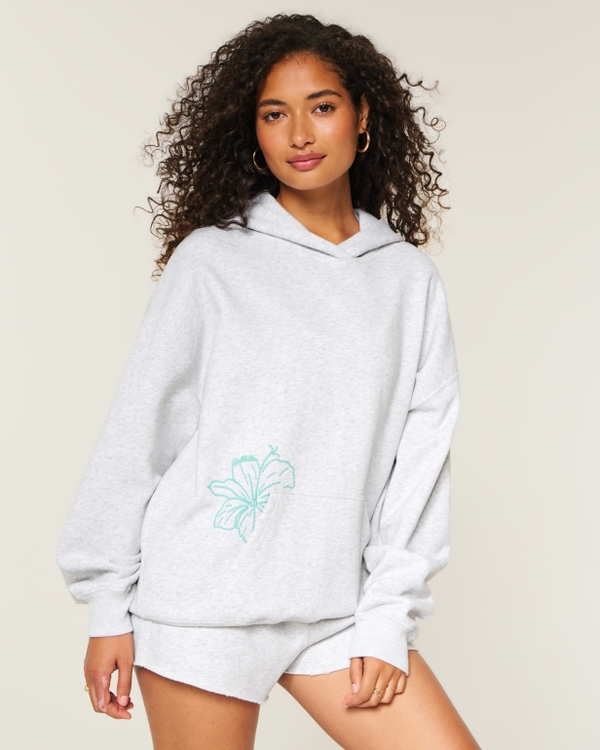 Hollister Feel Good Oversized Hibiscus Graphic Hoodie, Light Heather Gray view 2
