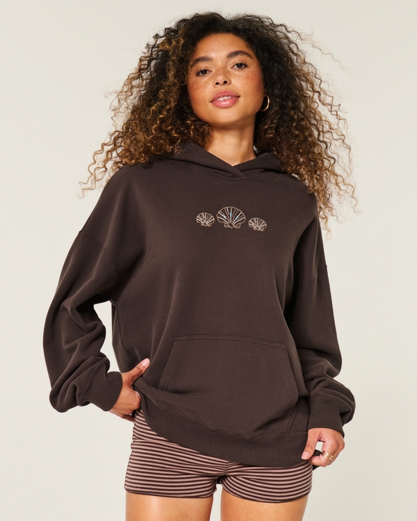 Hollister Feel Good Oversized Seashell Graphic Hoodie, Espresso view 2