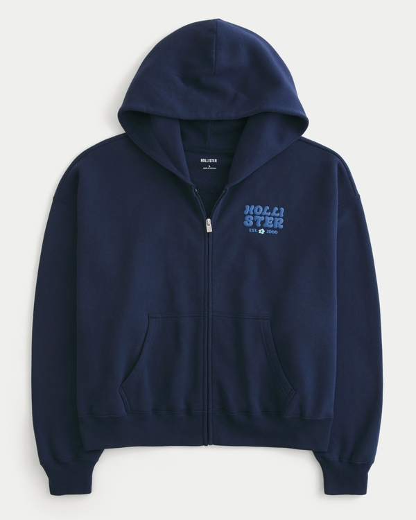 Hollister Feel Good Easy Zip-Up Logo Graphic Hoodie, Navy view 1