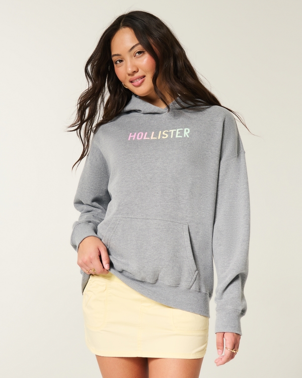 Hollister Feel Good Oversized Logo Graphic Hoodie, Med Grey Sd/texture view 2