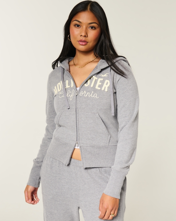 Hollister Feel Good Zip-Up Logo Graphic Hoodie, Heather Grey view 1
