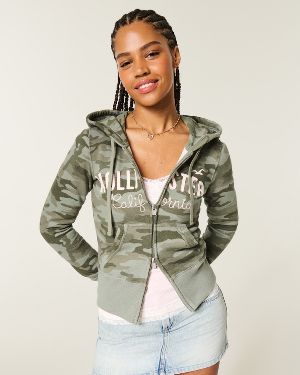 Hollister Feel Good Zip-Up Camo Logo Graphic Hoodie, Camo view 1