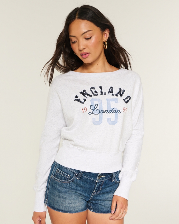 Easy Off-the-Shoulder England Graphic Sweatshirt, Light Heather Gray view 1