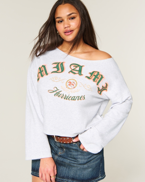 Off-the-Shoulder University of Miami Hurricanes Graphic Sweatshirt, Light Heather Grey view 1