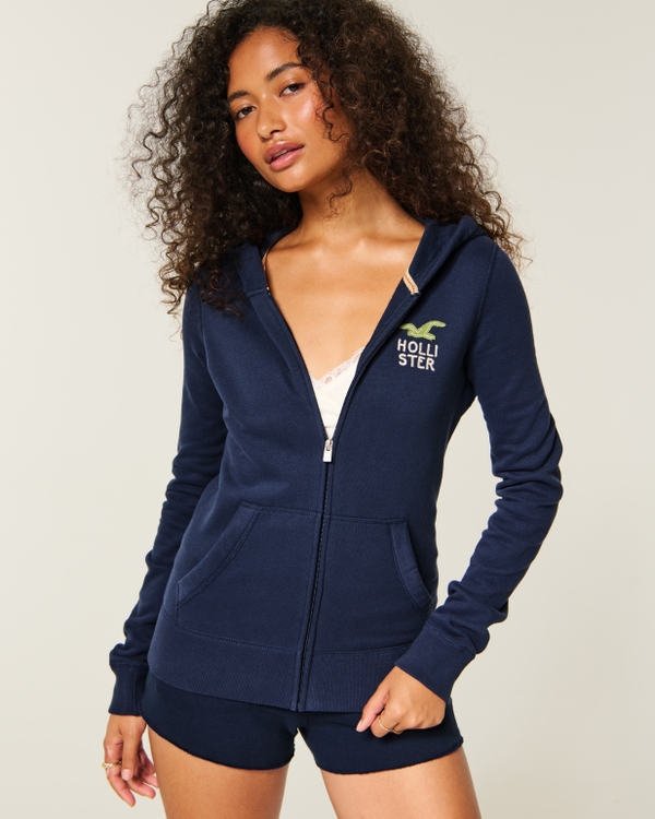 holister ホリスター　ネイビー　ファー　フーディ　ジップアップ ウィメンズ Hollister Feel Good ジップアップ ロゴ グラフィック