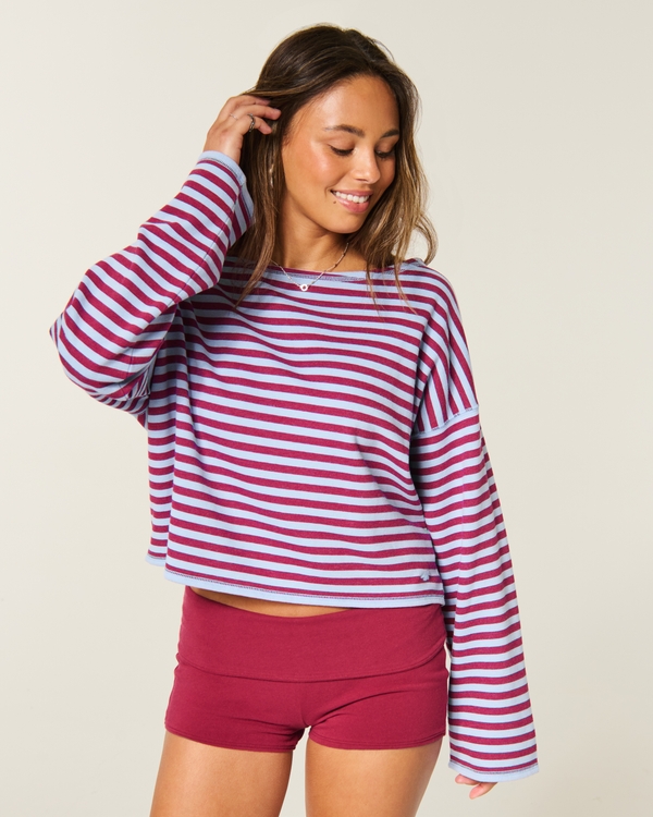 Easy Striped Off-the-Shoulder Sweatshirt, Reburgundy Stripe view 1