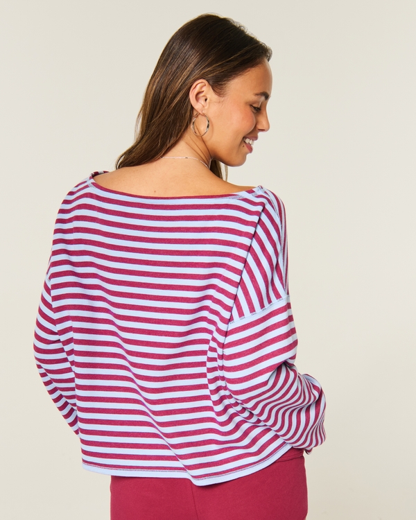 Easy Striped Off-the-Shoulder Sweatshirt, Reburgundy Stripe view 2