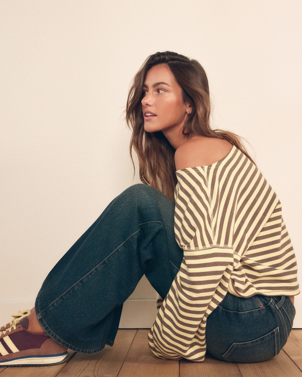 Easy Striped Off-the-Shoulder Sweatshirt, Yellow Stripe view 1