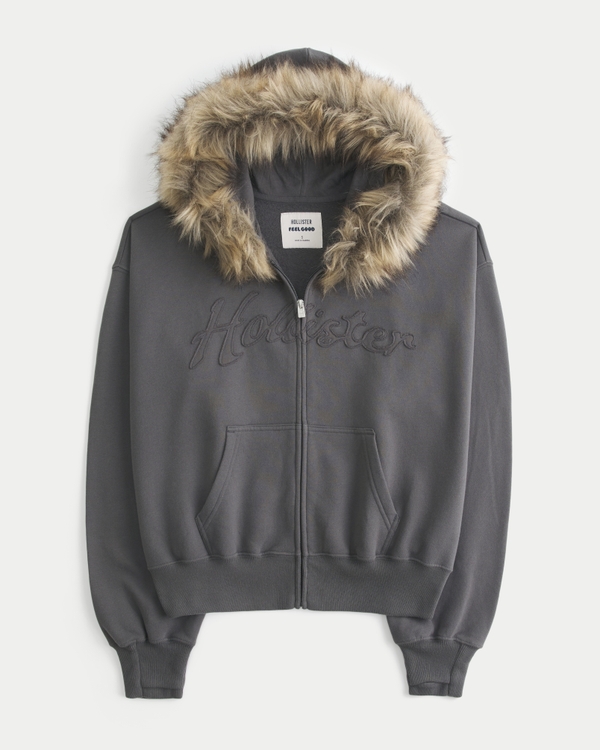 Women's Hollister Feel Good Faux Fur Trim Logo Zip-Up Hoodie