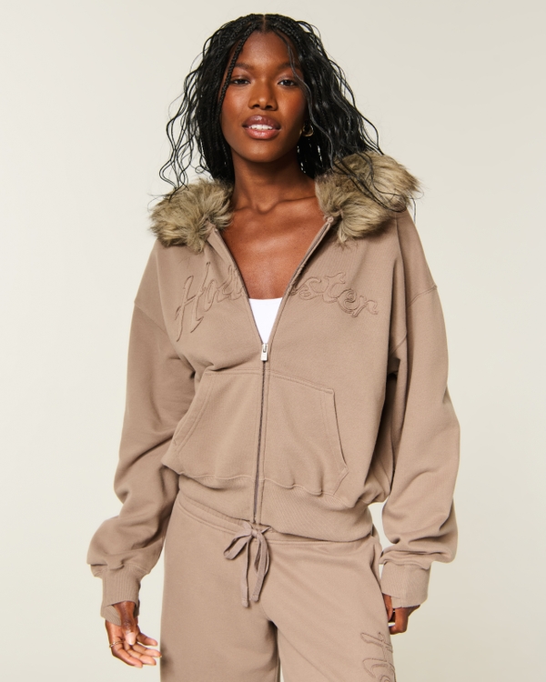 Hollister Feel Good Faux Fur Trim Logo Zip-Up Hoodie