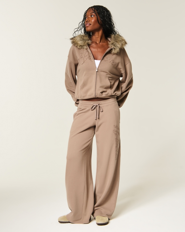 Hollister Feel Good Faux Fur Trim Logo Zip-Up Hoodie, Light Brown view 2