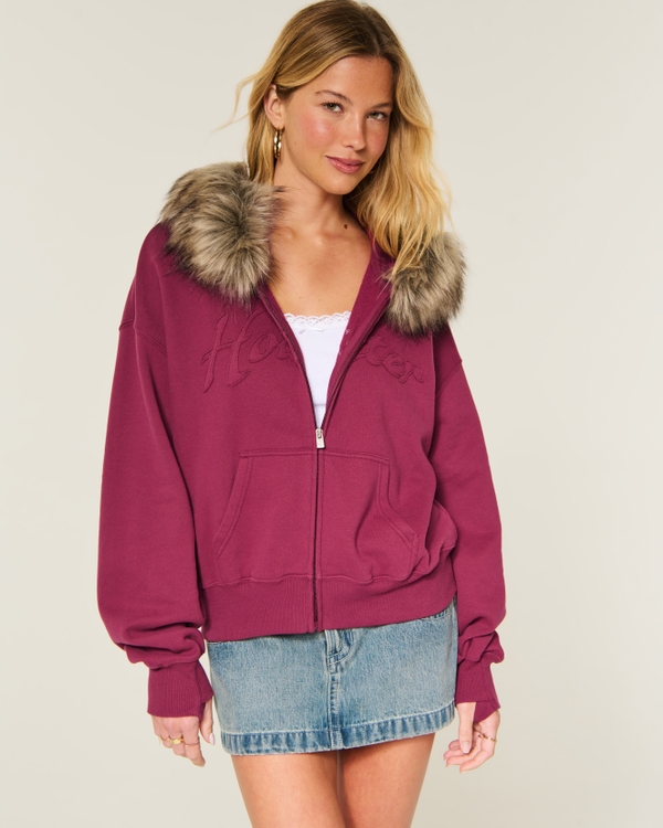 Hollister Feel Good Faux Fur Trim Logo Zip-Up Hoodie, Burgundy view 1
