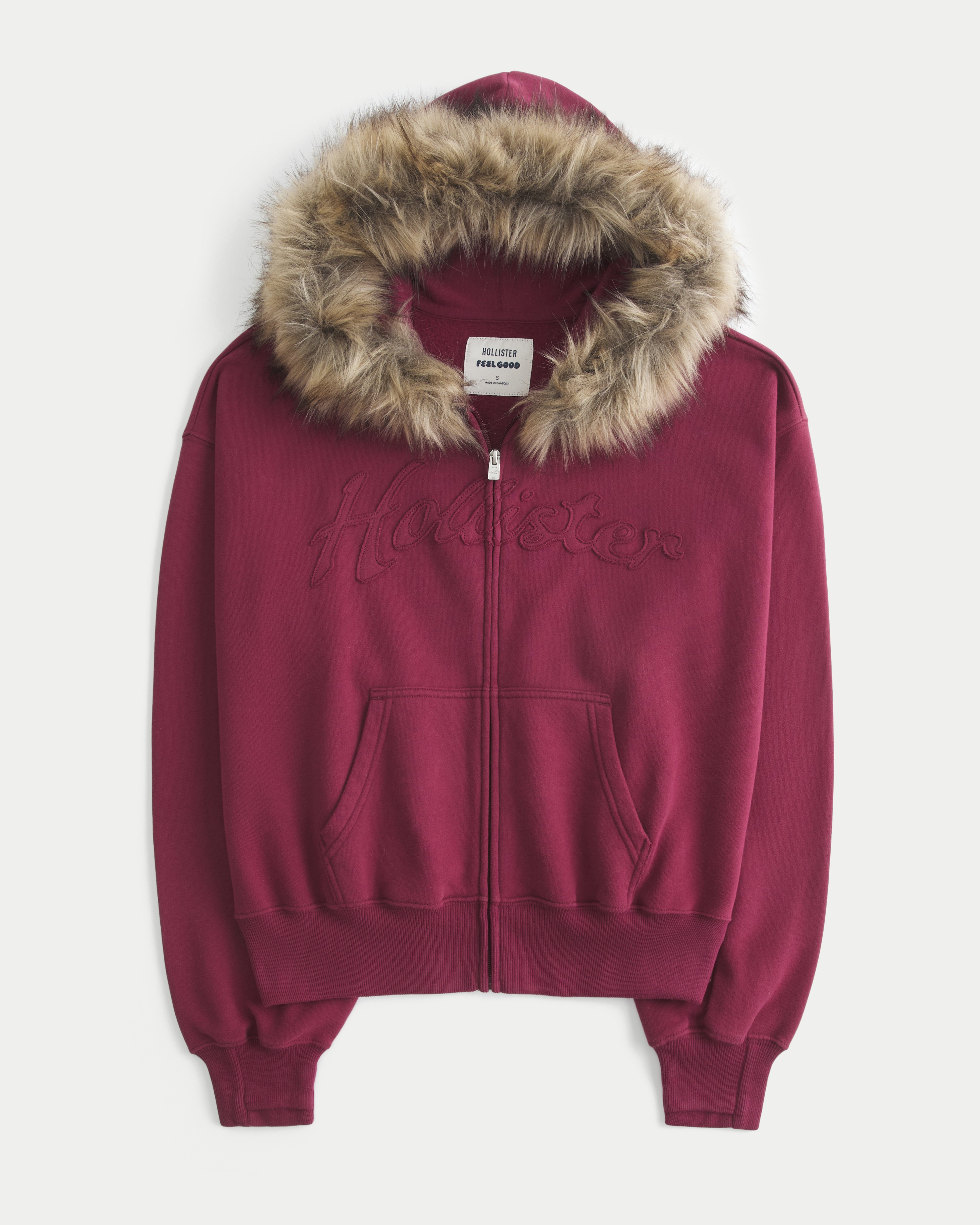 Hollister Feel Good Faux Fur Trim Logo Zip-Up Hoodie