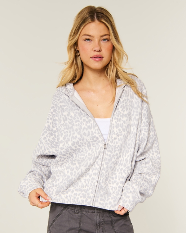 Hollister Feel Good Easy Light Leopard Print Zip-Up Hoodie, Light Grey Leopard view 1