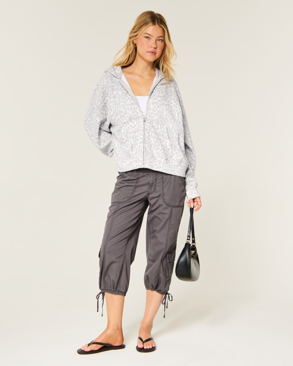 Hollister Feel Good Easy Light Leopard Print Zip-Up Hoodie, Light Grey Leopard view 2