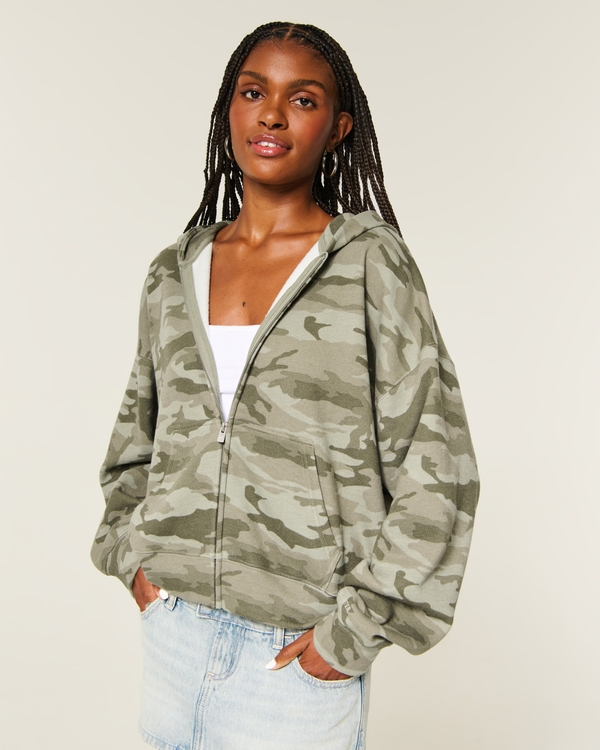 Hollister Feel Good Easy Camo Zip-Up Hoodie, Olive Camo view 1