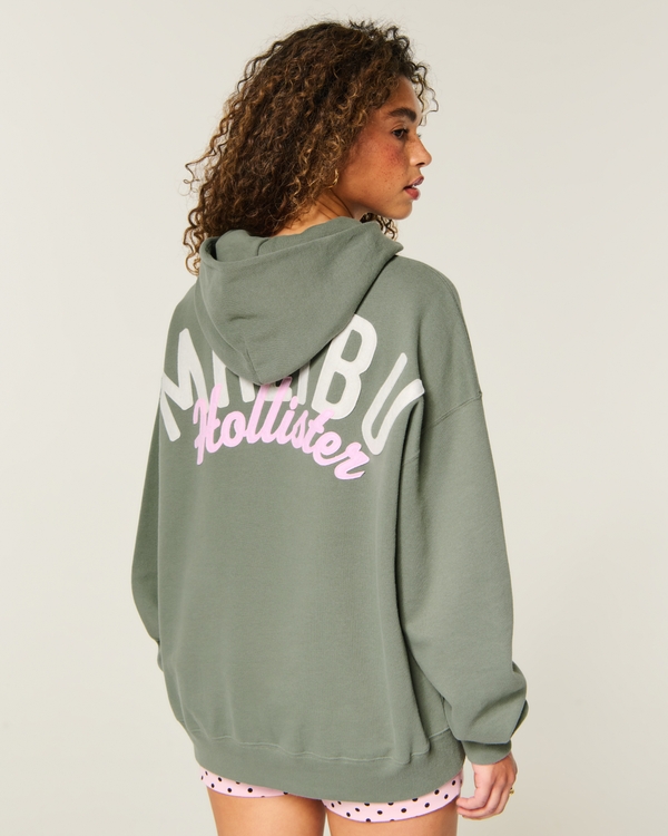 Hollister Feel Good Oversized Logo Graphic Hoodie, Olive view 1