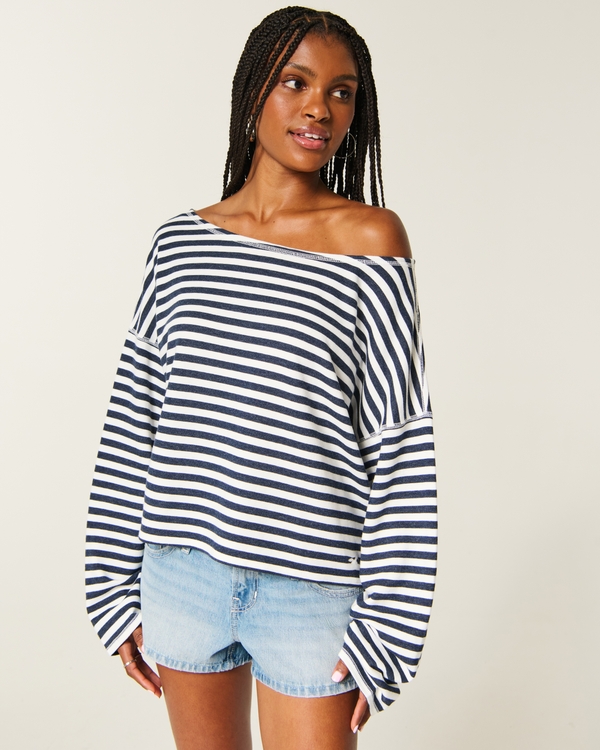Easy Striped Off-the-Shoulder Sweatshirt, Navy Stripe view 1