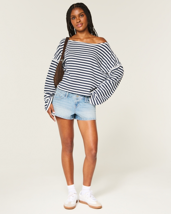 Easy Striped Off-the-Shoulder Sweatshirt, Navy Stripe view 2