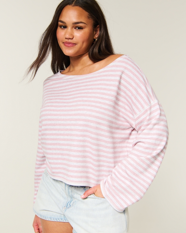 Easy Striped Off-the-Shoulder Sweatshirt, Light Pink Stripe view 1