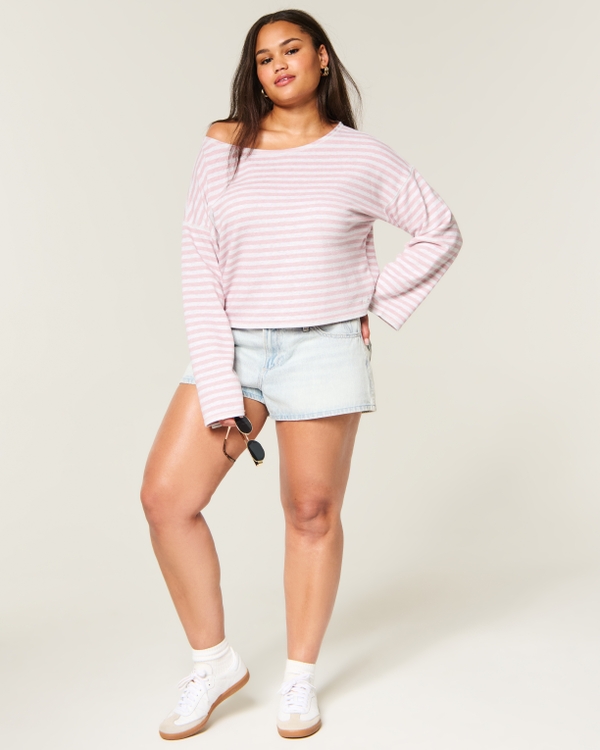 Easy Striped Off-the-Shoulder Sweatshirt, Light Pink Stripe view 2